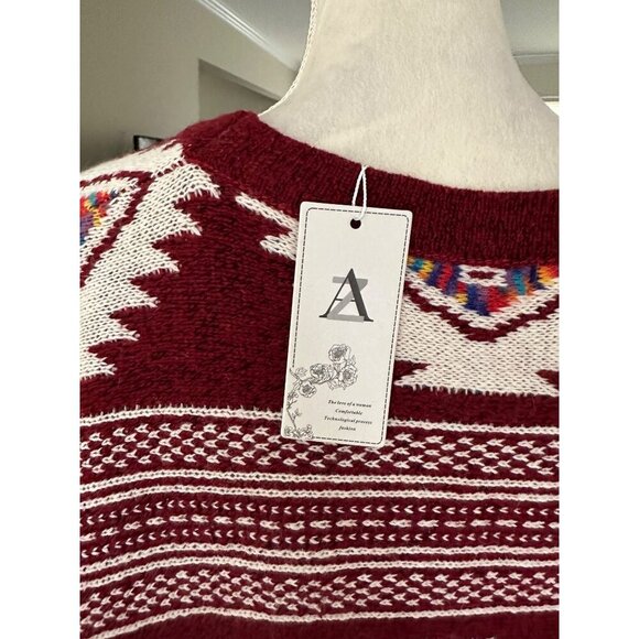 Boho Fringe Hem Poncho Sweater Tribal Aztec Geometric Print Maroon & White Sz S - Picture 6 of 6